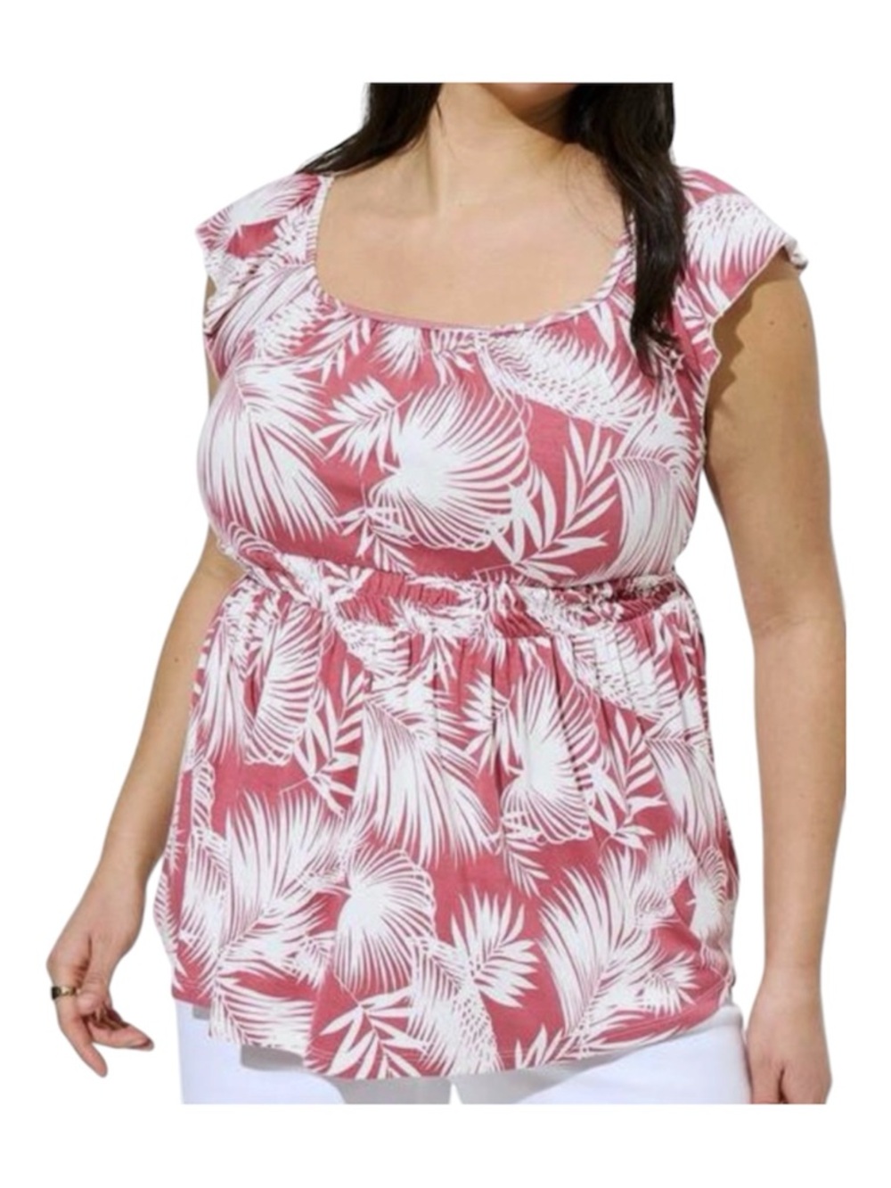 Torrid Super Soft Mauve/White Palm Print Babydoll Flutter Sleeve Knit Top 3X